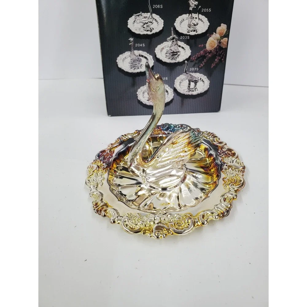 Vintage Silver Tone Swan Ring Holder Iridescent Jewelry Dish Trinket Tray Boxed